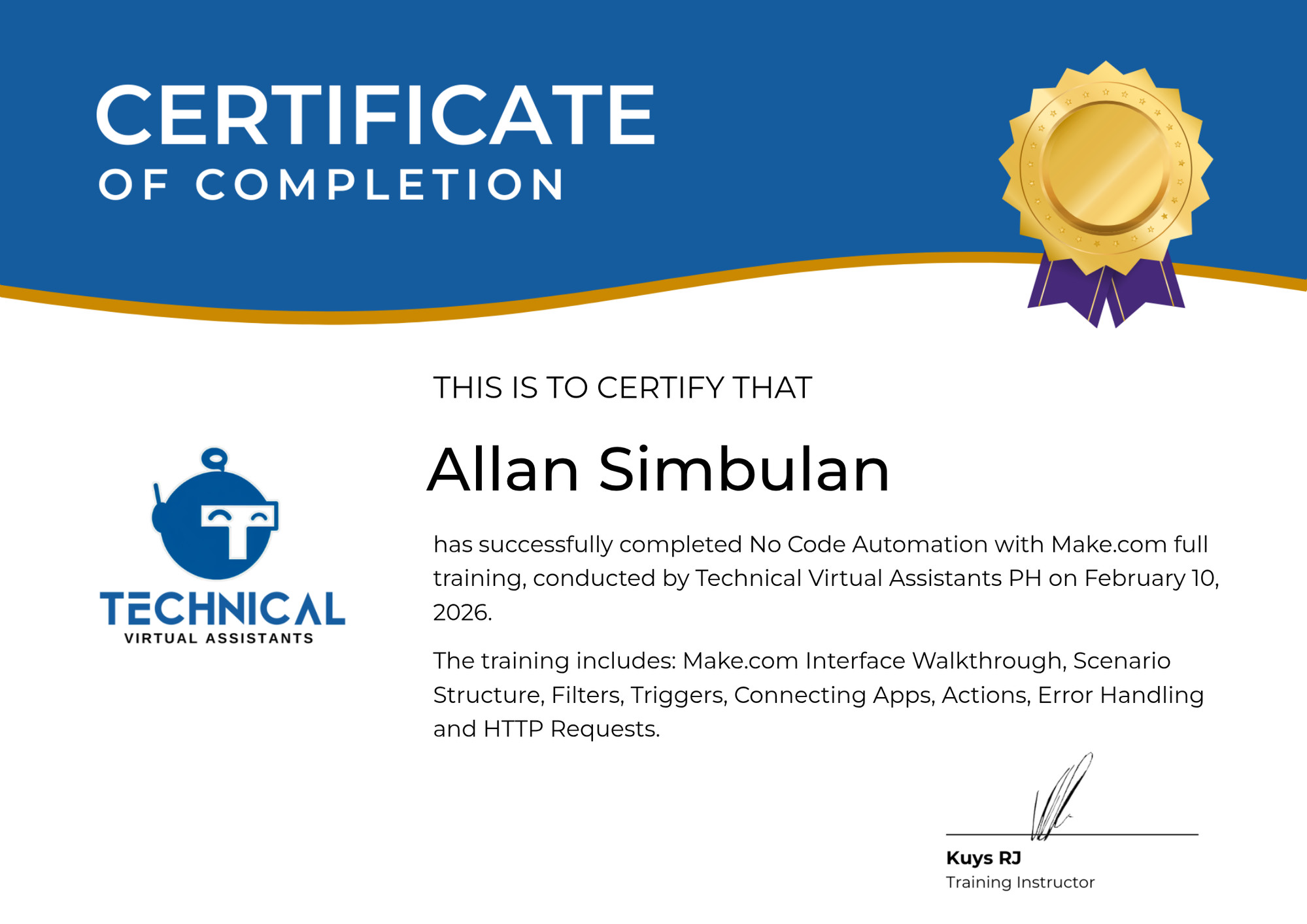 No-Code Automation with Make.com certificate awarded to Allan Simbulan by Technical Virtual Assistants PH