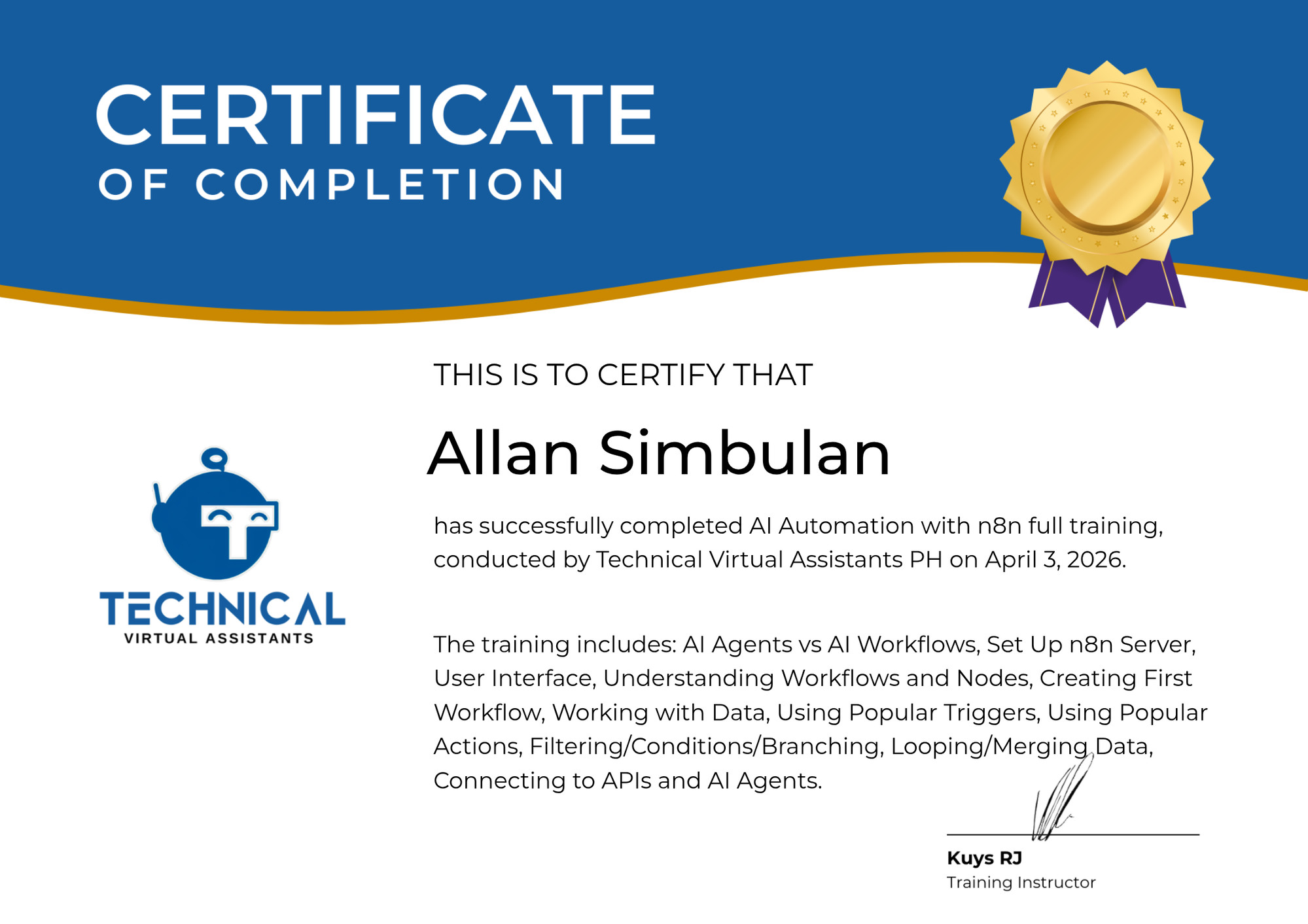 AI Automation with n8n certificate awarded to Allan Simbulan by Technical Virtual Assistants PH