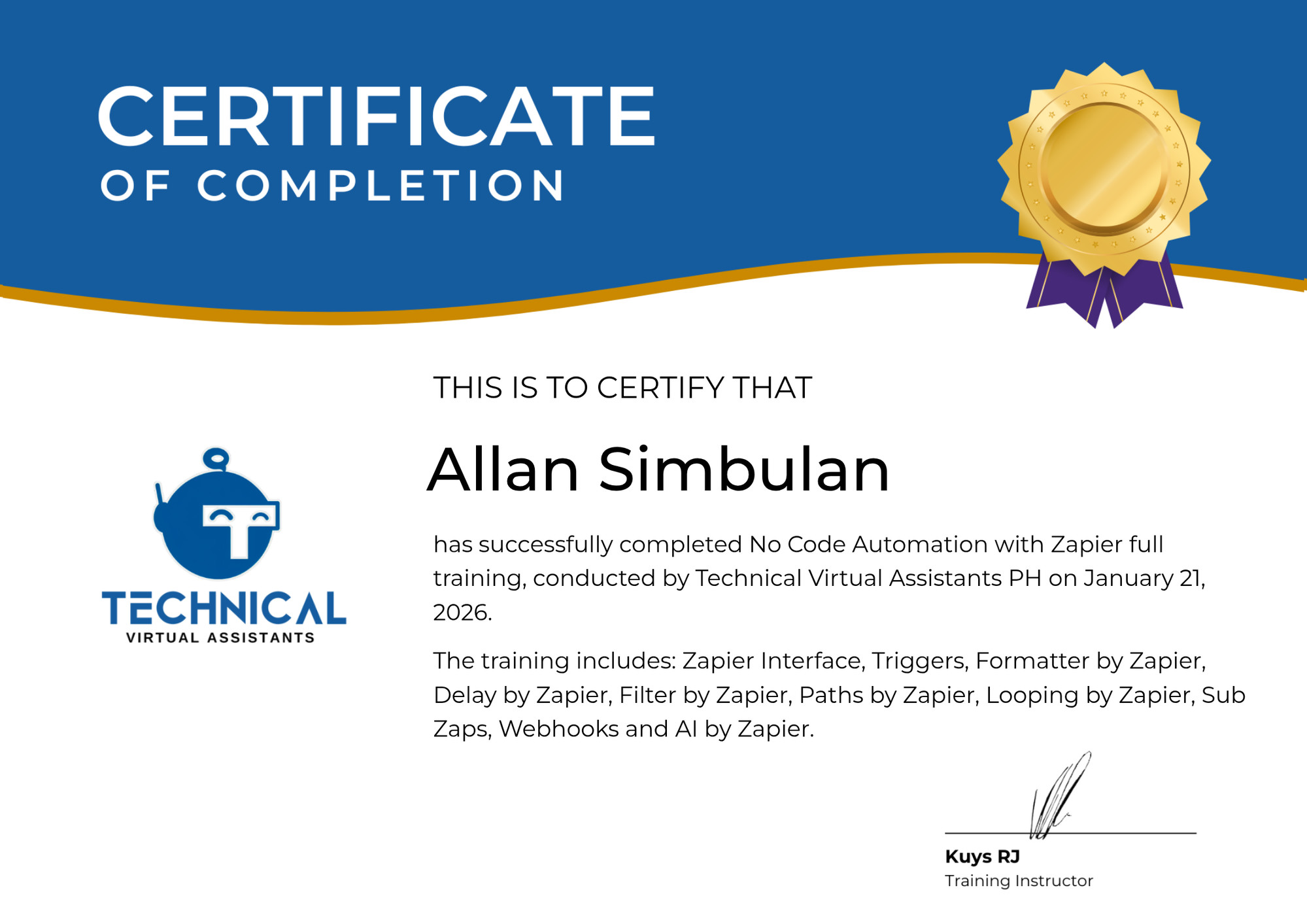 No-Code Automation with Zapier certificate awarded to Allan Simbulan by Technical Virtual Assistants PH