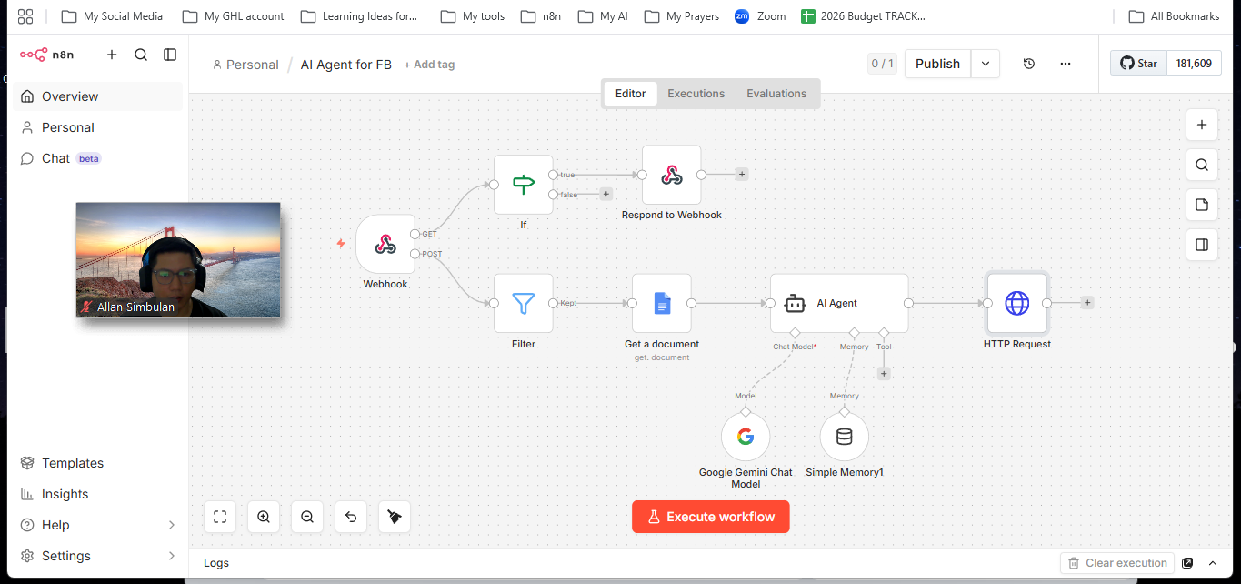 n8n workflow builder for the Facebook Messenger AI agent: a Webhook (GET and POST), an If node routing to Respond to Webhook for verification, and a Filter, Get a document, AI Agent with a Google Gemini chat model and Simple Memory, then an HTTP Request to send the reply