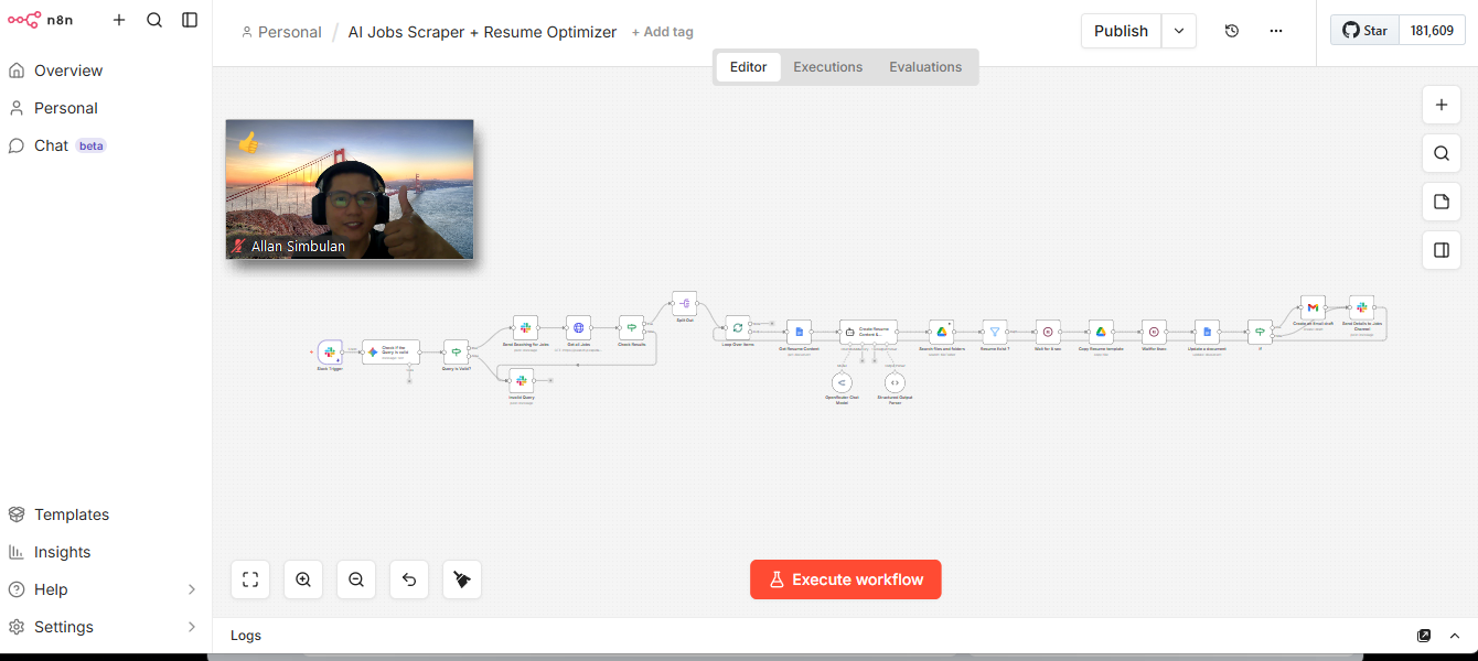 n8n workflow builder for the AI Jobs Scraper and Resume Optimizer: query validation, job scraping, a loop that uses an OpenRouter chat model and structured output parser to tailor a resume per job, Google Drive template copy, Google Doc update, and a Gmail draft
